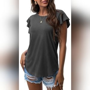 Round Neck Ruffle Cap Sleeve Knit Tunic Blouse